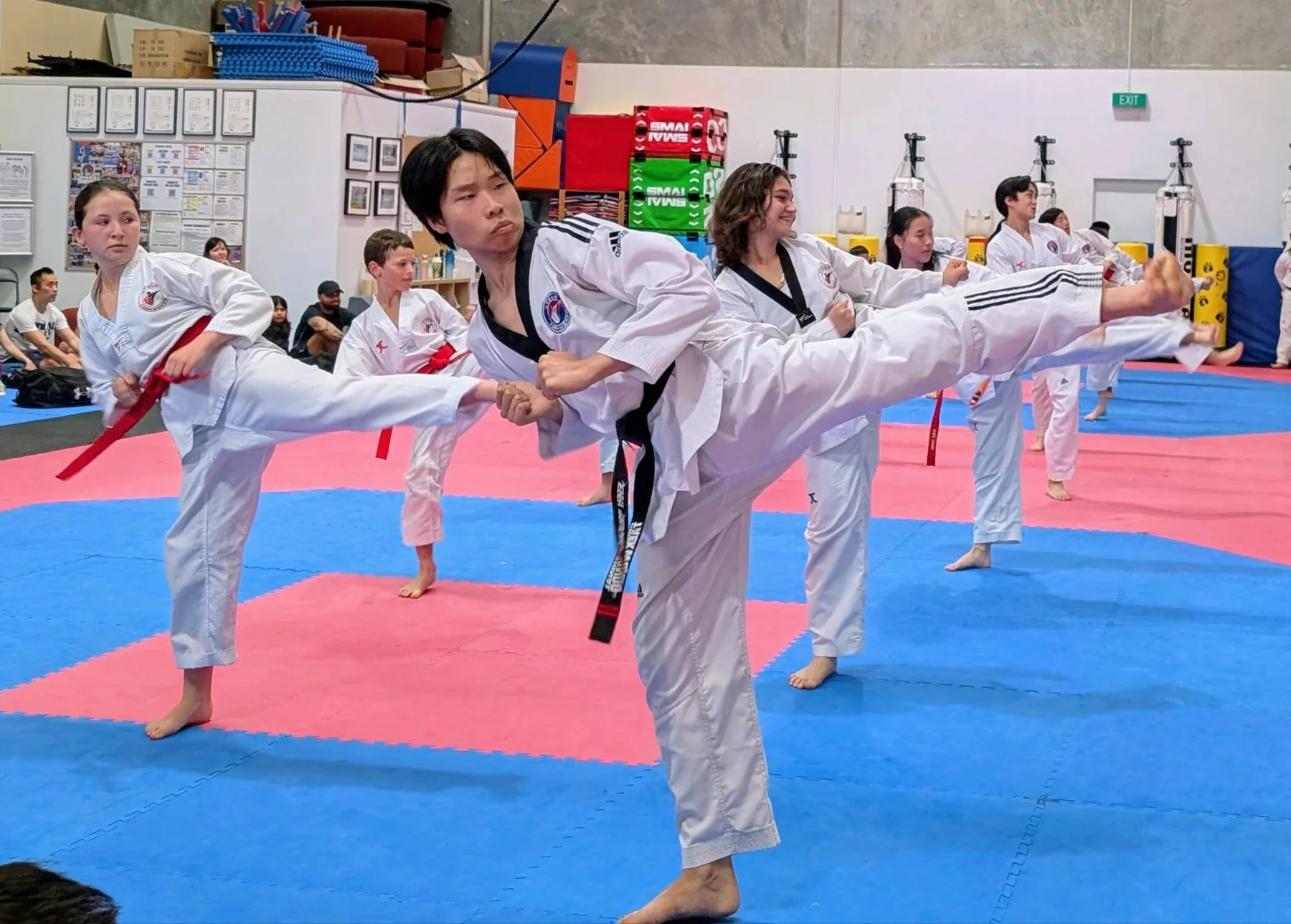 Teens and adults practise side kicks at VTEAM